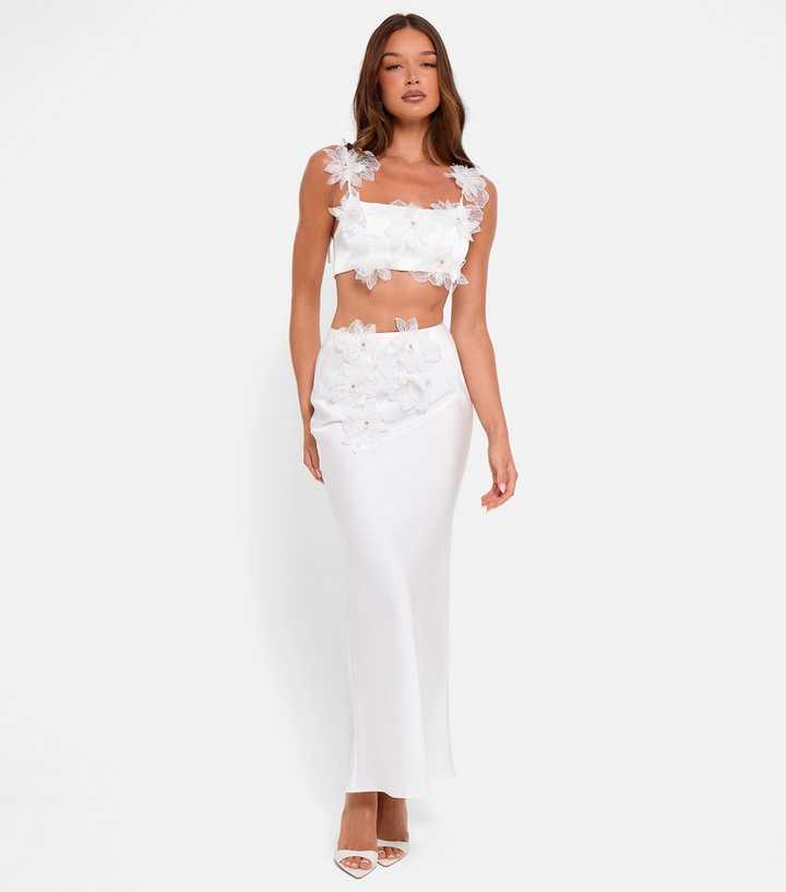 Public Desire White Floral Appliqué Satin Maxi Skirt