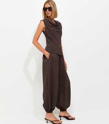 Brown Gingham Print Wide Leg Cuffed Trousers