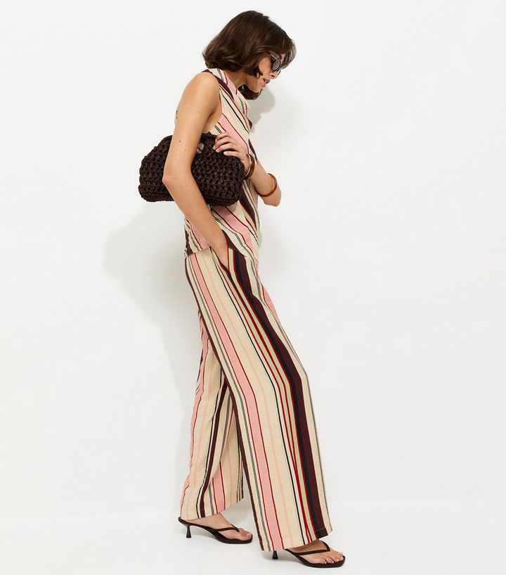 Cream Striped Drawstring Wide Leg Trousers