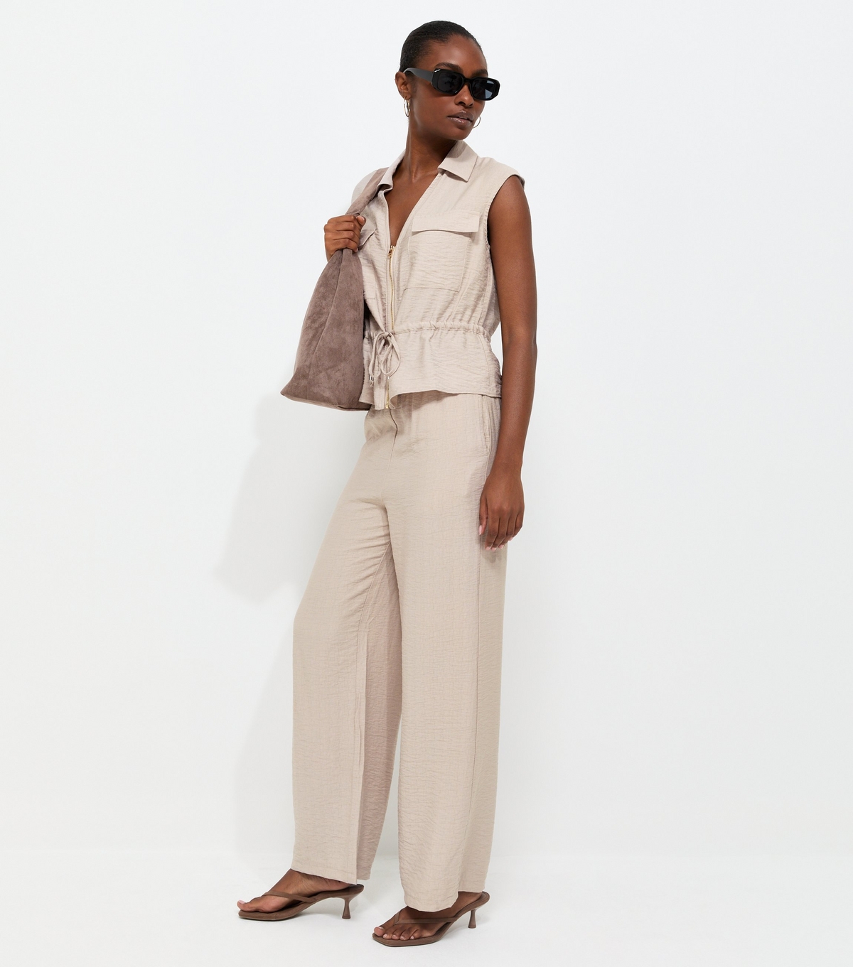 Women's Stone Woven Drawstring Wide Leg Trousers New Look