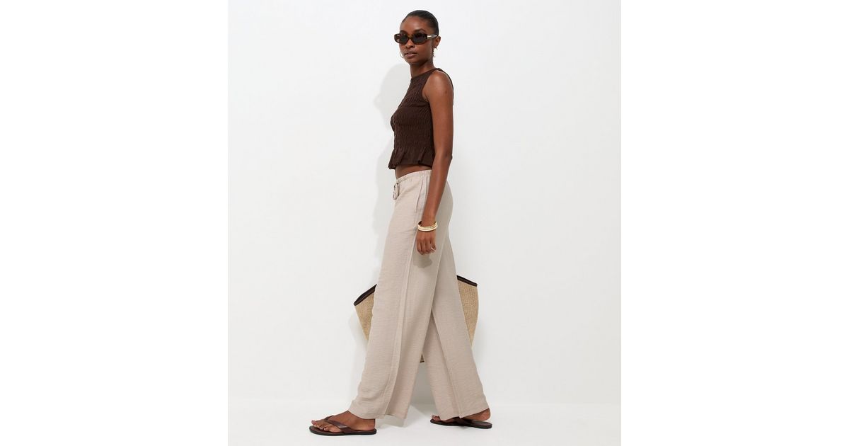 Stone Woven Drawstring Wide Leg Trousers