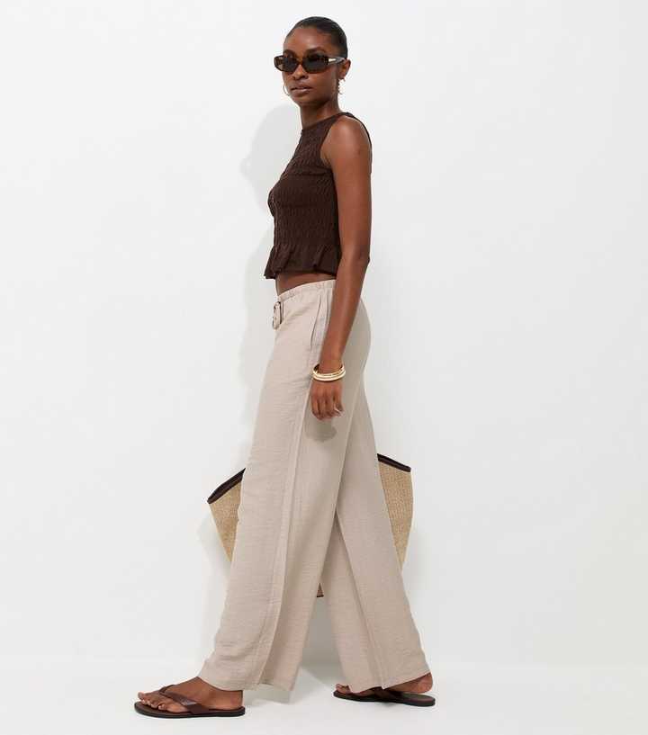 Stone Woven Drawstring Wide Leg Trousers