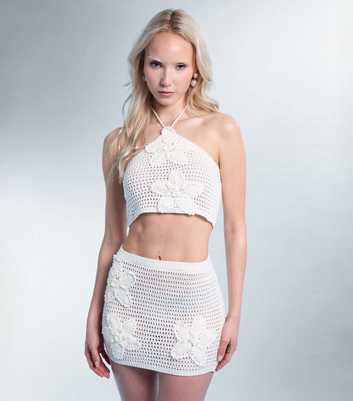 Public Desire White Floral Embroidered Crochet Crop Top