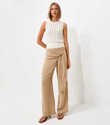 Camel Striped Wrap Front Wide Leg Trousers