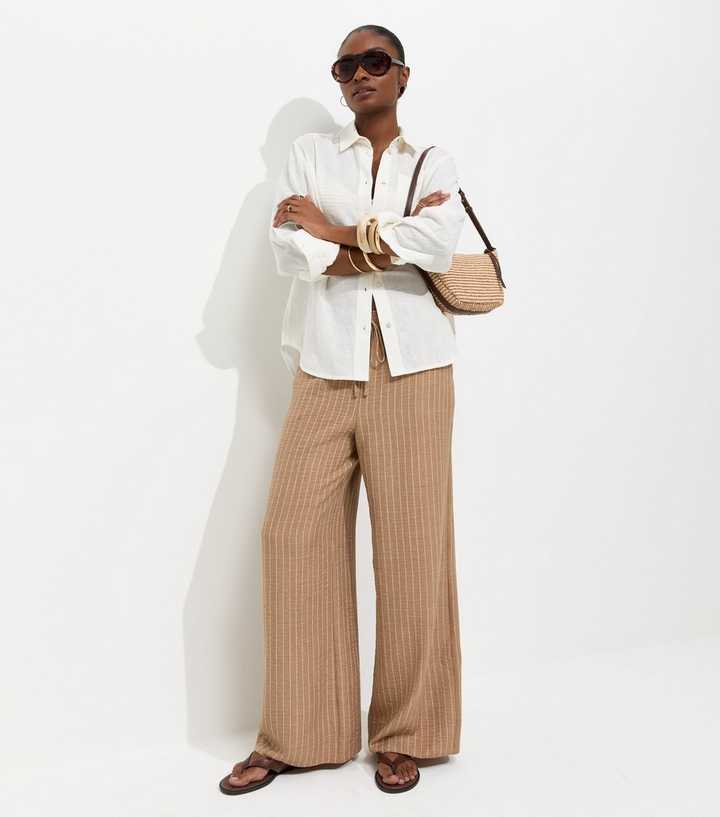 Camel Woven Striped Wide Leg Trousers