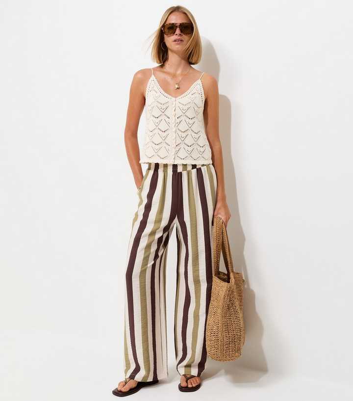 Green Striped Wide Leg Trousers