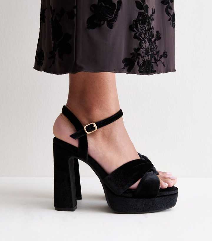 Black Velvet Knot Strap Platform Sandals