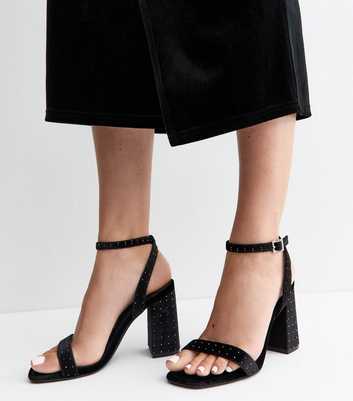 Black Velvet Diamanté Block Heel Sandals