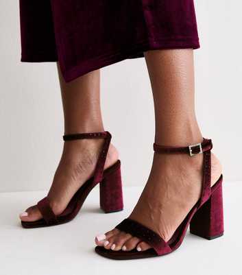Dark Burgundy Velvet Embellished Buckle Block Heel Sandals
