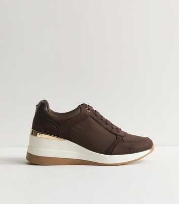 Dark Brown Faux Suede Wedge Heel Lace Up Trainers