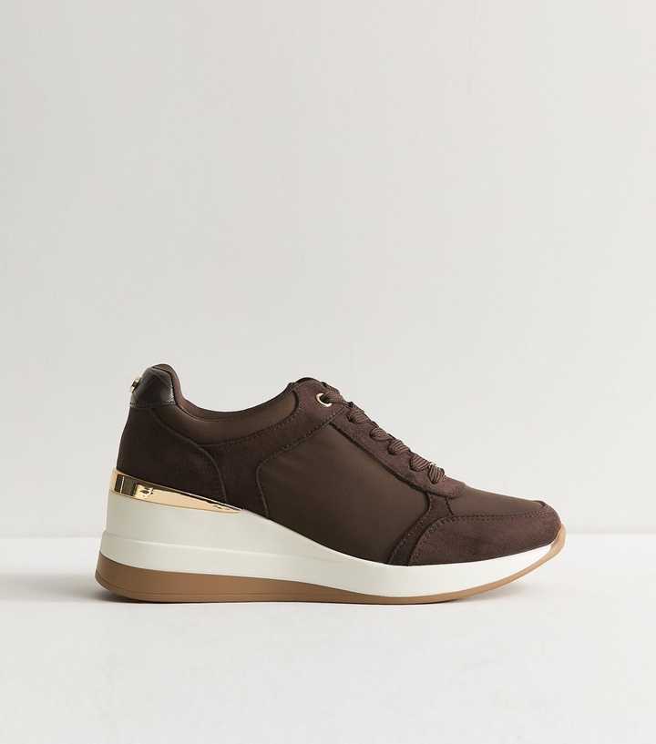 Dark Brown Faux Suede Wedge Heel Lace Up Trainers