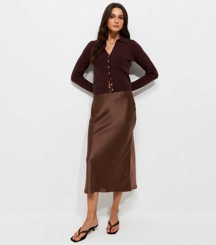Black Satin Bias Cut Midi Skirt