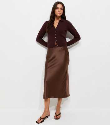 Brown Satin Bias Cut Midi Skirt