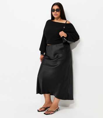 Curves Black Satin Bias Cut Midi Skirt