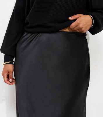 Curves Black Satin Bias Cut Midi Skirt