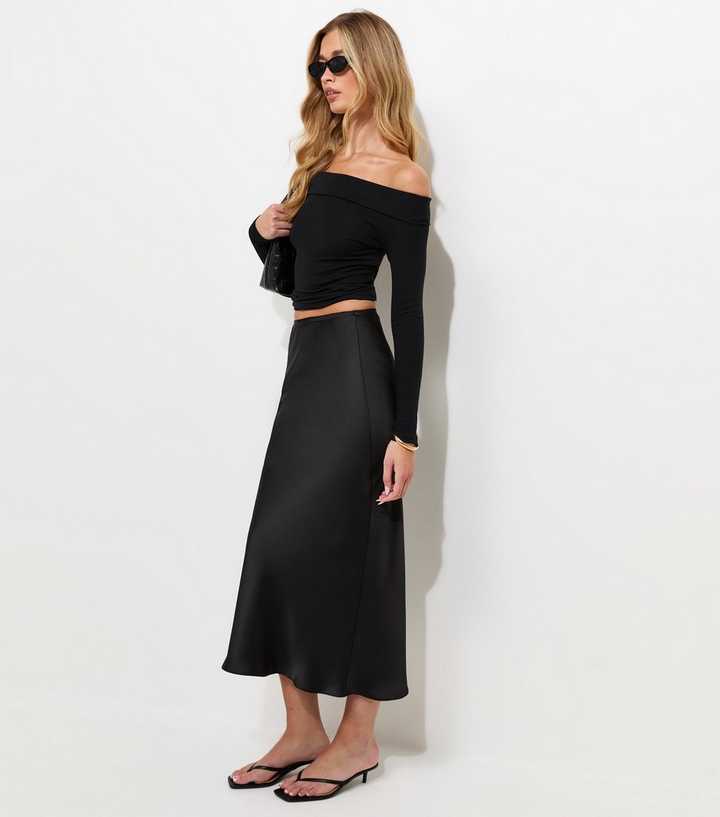 Tall Black Satin Bias Cut Midi Skirt