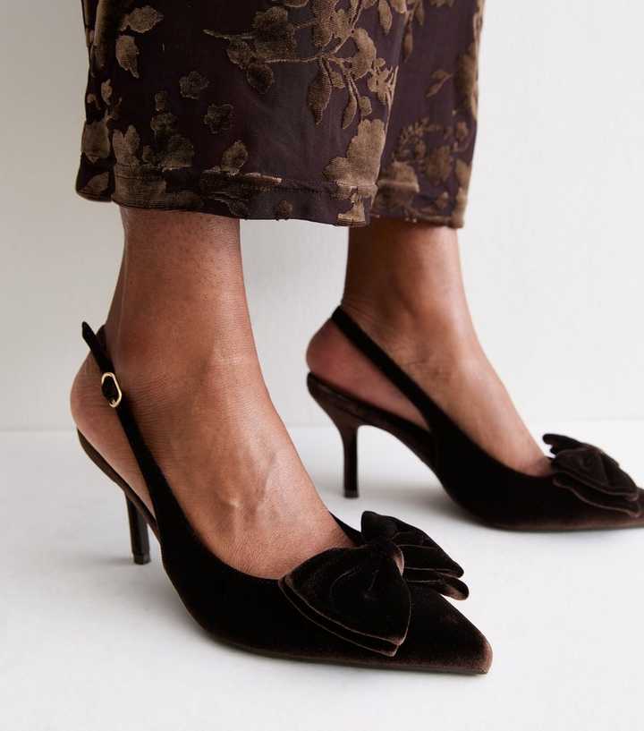 Dark Brown Velvet Bow Slingback Pumps
