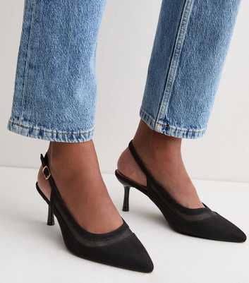 Black Faux Suede Mesh Cut Out Slingback Pumps