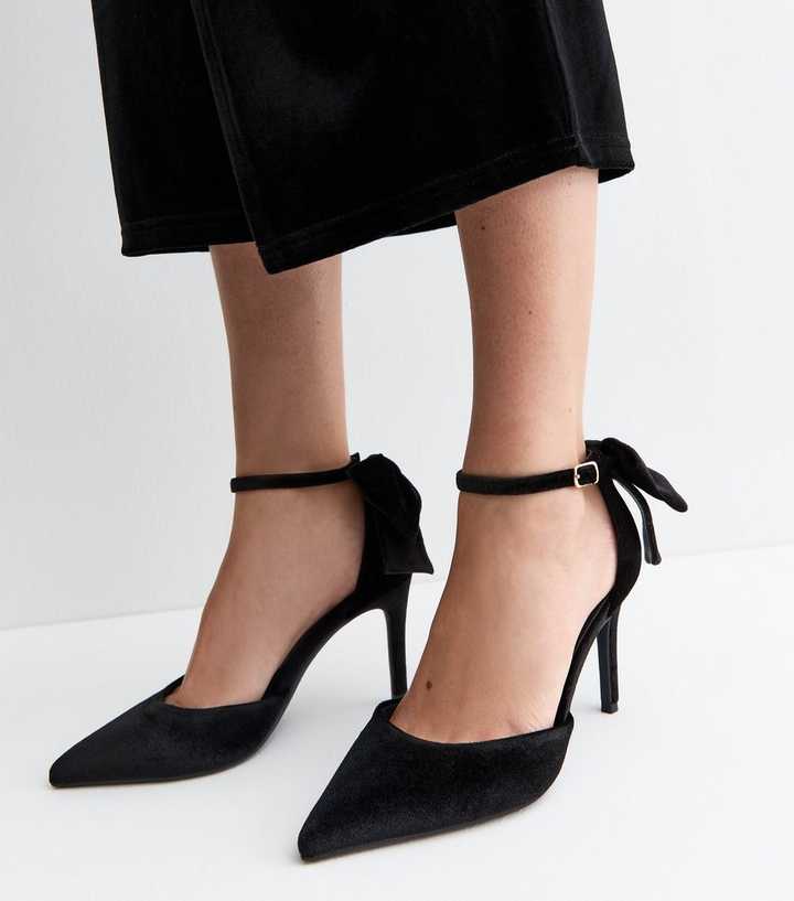 Wide Fit Black Velvet Bow Back Court Shoes