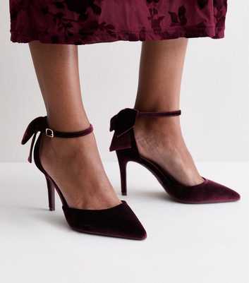Wide Fit Dark Burgundy Velvet Bow Back Court Shoes
