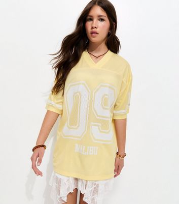 Girls Yellow 09 Malibu Print Satin Trimmed Football T-Shirt