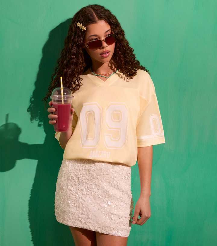 Girls Yellow 09 Malibu Print Satin Trimmed Football T-Shirt