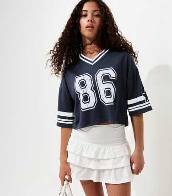 Girls Navy 86 Star Print Cropped Football Top