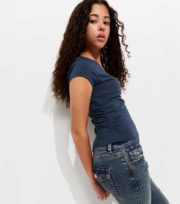 Girls Navy Cotton Rich Wrap Front Ruched Side T-Shirt