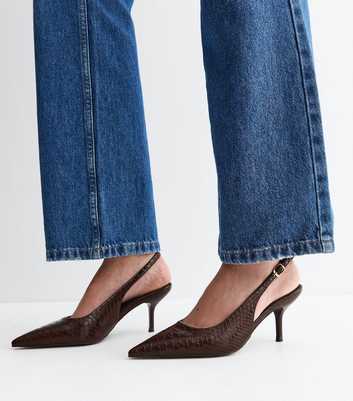 Dark Brown Faux Leather Snakeskin Embossed Slingback Heels