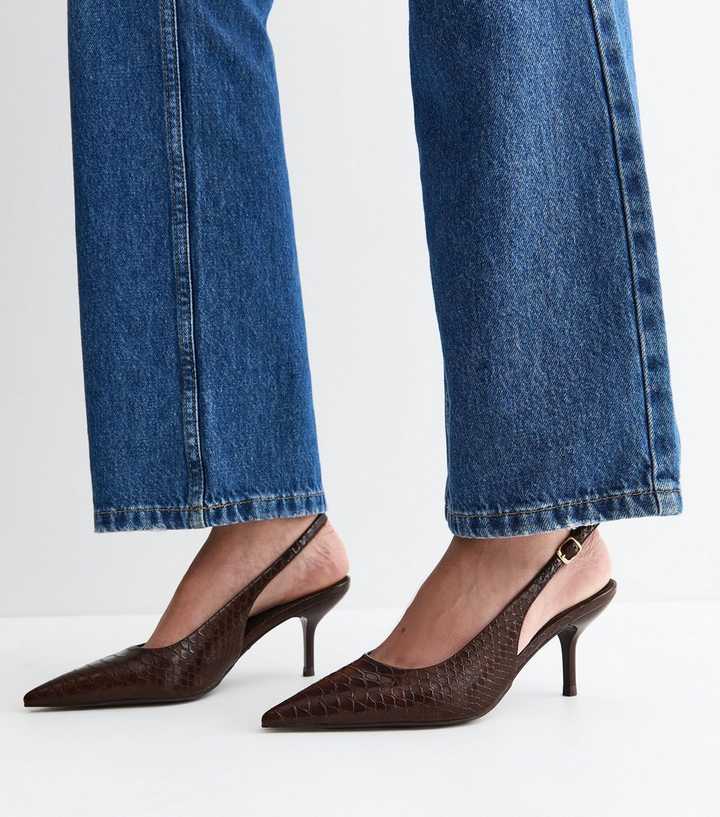 Dark Brown Faux Leather Snakeskin Embossed Slingback Heels