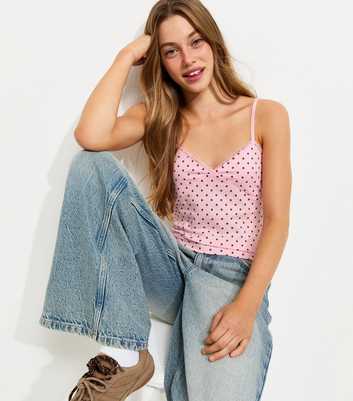 Girls Light Pink Spot Print Lace Trim V Neck Vest Top