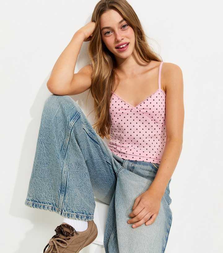 Girls Light Pink Spot Print Lace Trim V Neck Vest Top