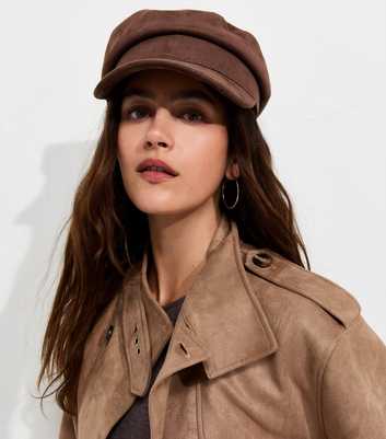 Brown Faux Suede Baker Boy Cap