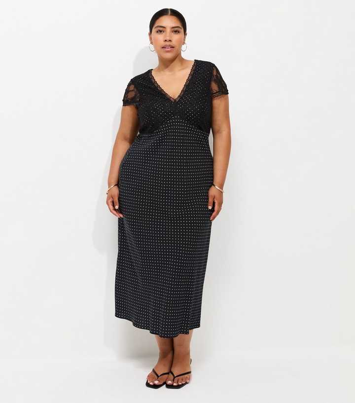 Curves Black Spot Print Lace Bust Midi Dress