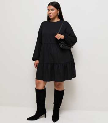 Curves Black Crinkle Texture Long Sleeve Smock Mini Dress