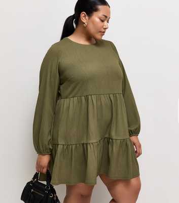 Curves Dark Khaki Crinkle Texture Long Sleeve Smock Mini Dress