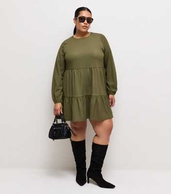 Curves Dark Khaki Crinkle Texture Long Sleeve Smock Mini Dress