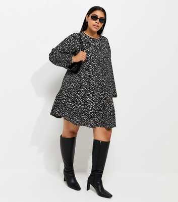 Curves Black Crinkle Texture Abstract Print Mini Smock Dress