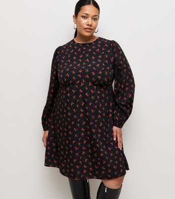Curves Black Ditsy Print Crepe Mini Dress