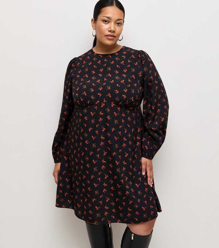 Curves Black Ditsy Print Crepe Mini Dress