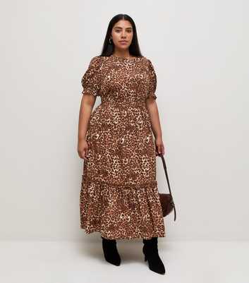 Curves Brown Leopard Print Crepe Short Sleeve Midi Dress