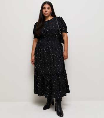 Curves Black Polka Dot Crepe Short Sleeve Midi Dress