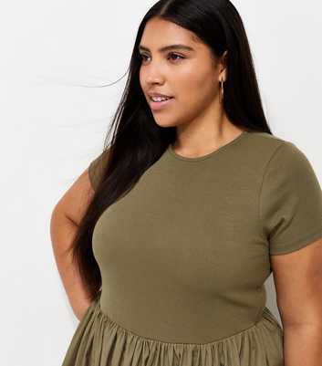 Curves Dark Khaki Cotton Rich Drop Waist Short Sleeve Midi Dress