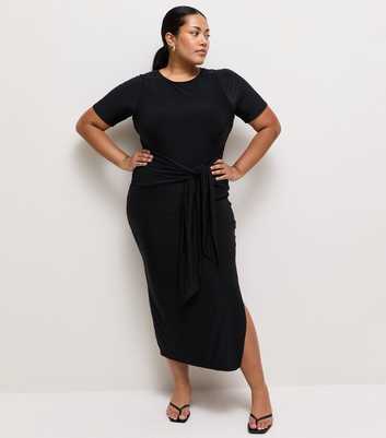 Curves Black Knotted Waist Midi Dress