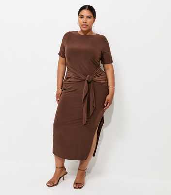 Curves Dark Brown Knotted Waist Midi Dress