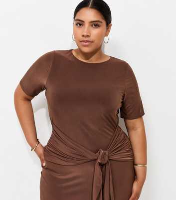 Curves Dark Brown Knotted Waist Midi Dress