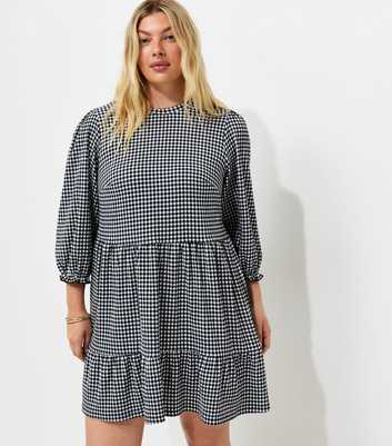 Curves Black Gingham Print Cropped Sleeve Mini Smock Dress