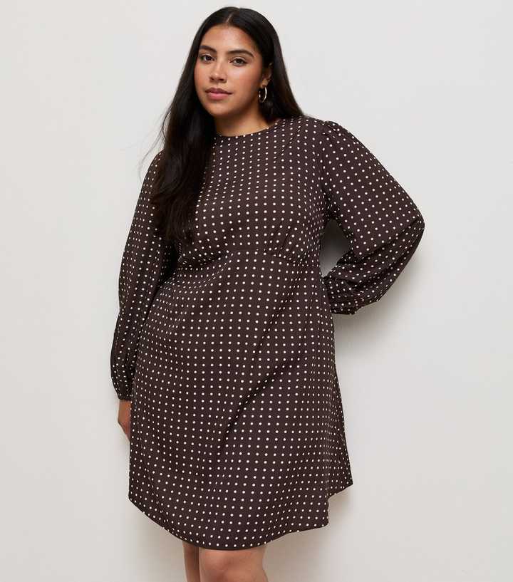Curves Brown Polka Dot Long Sleeve Smock Mini Dress