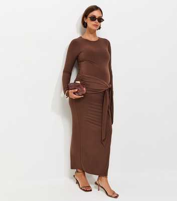 Maternity Dark Brown Long Sleeve Bow Under Bump Jersey Dress