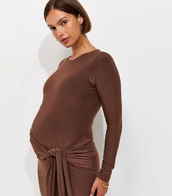 Maternity Dark Brown Long Sleeve Bow Under Bump Jersey Dress